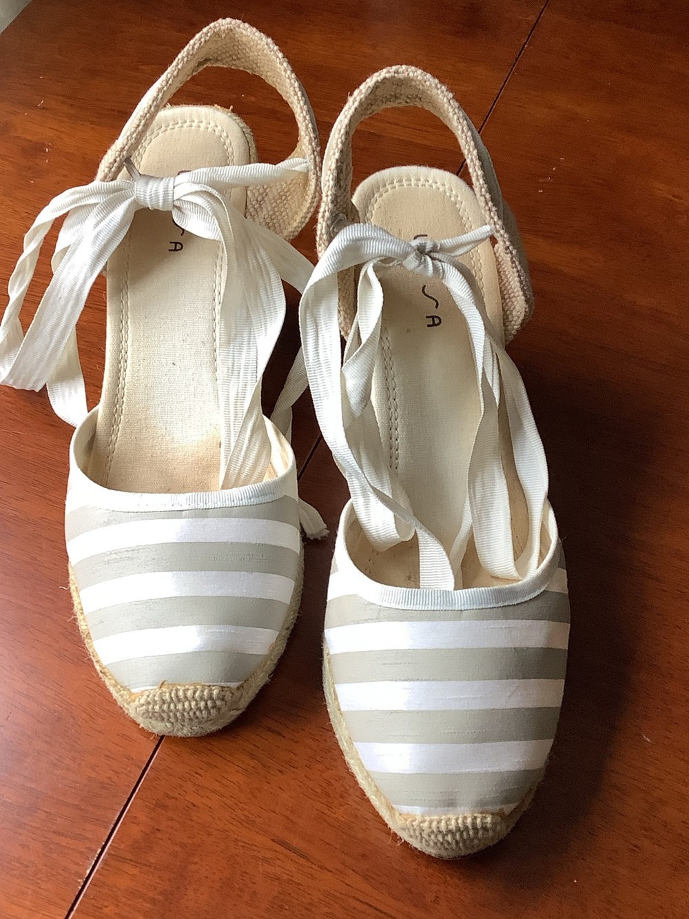 Women’s Striped Espadrille Wedge Sandals - White & Greenish/Tan